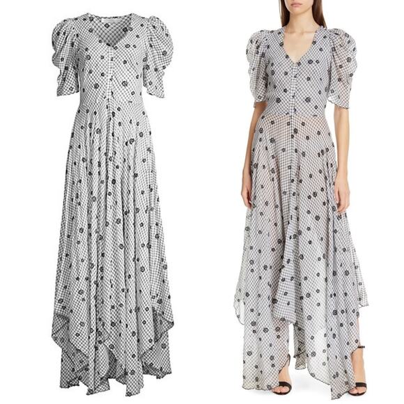 LoveShackFancy Coralie Puff Sleeve V Neck Midi Dress Charcoal Floral Plaid US 0 - Picture 4 of 12